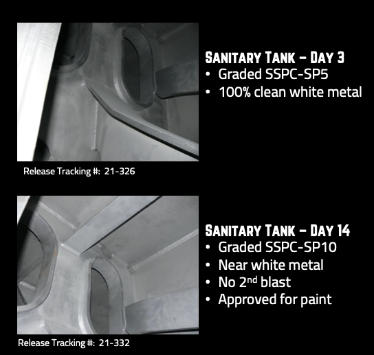 An image of a sanitary tank that was blasted with 10X several days apart